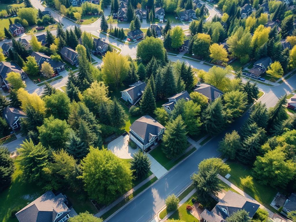 Drone aerial photograph of a residential property, lot and street