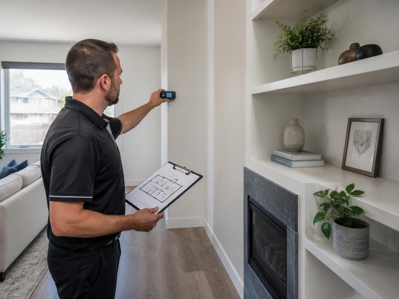 Technician measuring a modern home interior with a laser measuring tool and floor plan