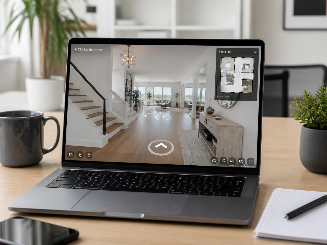 Laptop displaying a navigable 360 degree virtual tour of a home interior