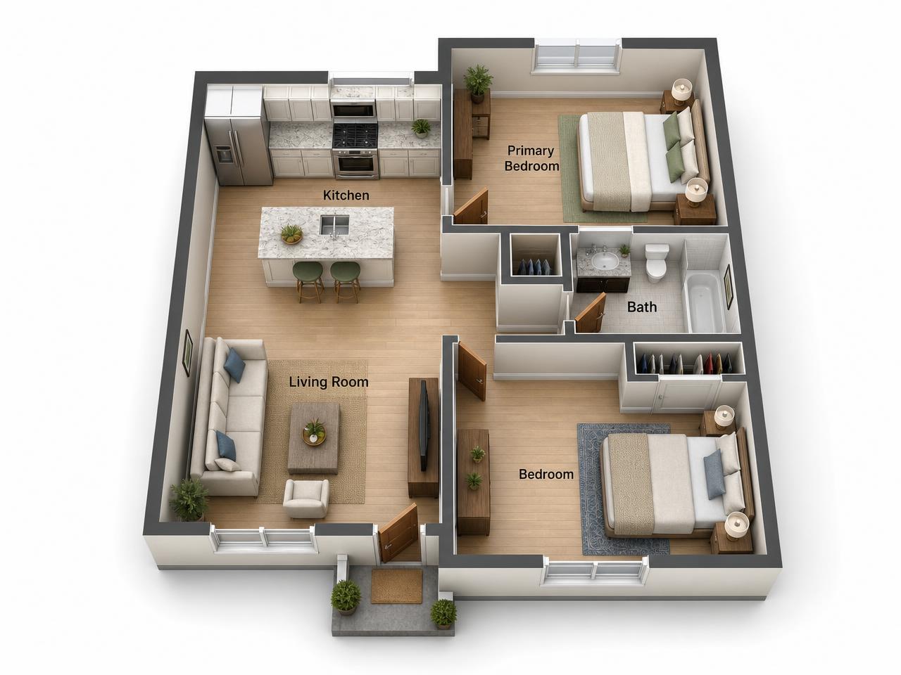 3D real estate floor plan with labelled rooms and furniture