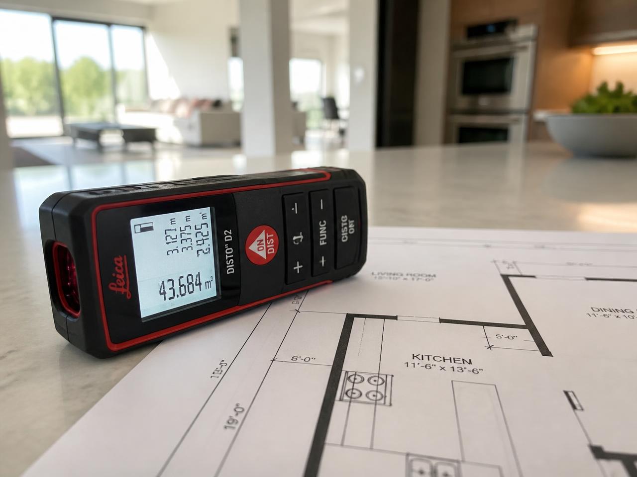 Laser measuring device beside a printed floor plan with dimensions in a modern home