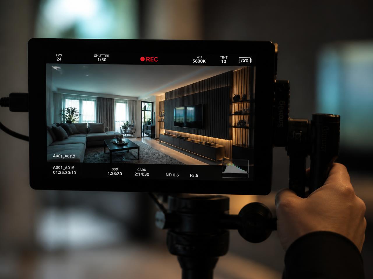 Camera monitor showing a cinematic property walkthrough while recording